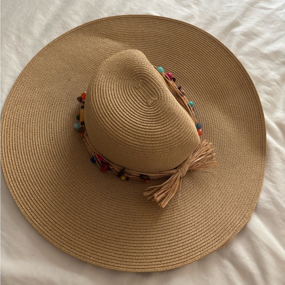 Stylish Tan Sun Hat with Colorful Bead Accents